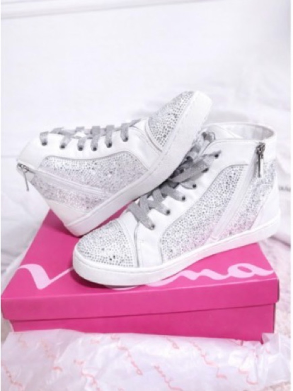Brides , bridesmaids, Nina White Crystal High-Top Lace-Up Sneakers W7
